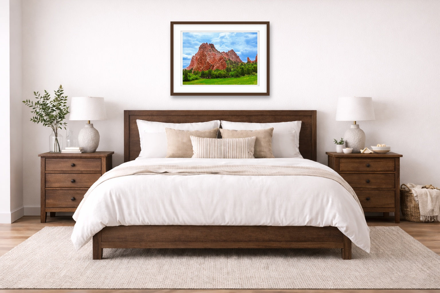 North Gateway Rock: Garden of the Gods printed on fine art paper, framed on a espresso frame and matted. Hung on a living bedroom wall.