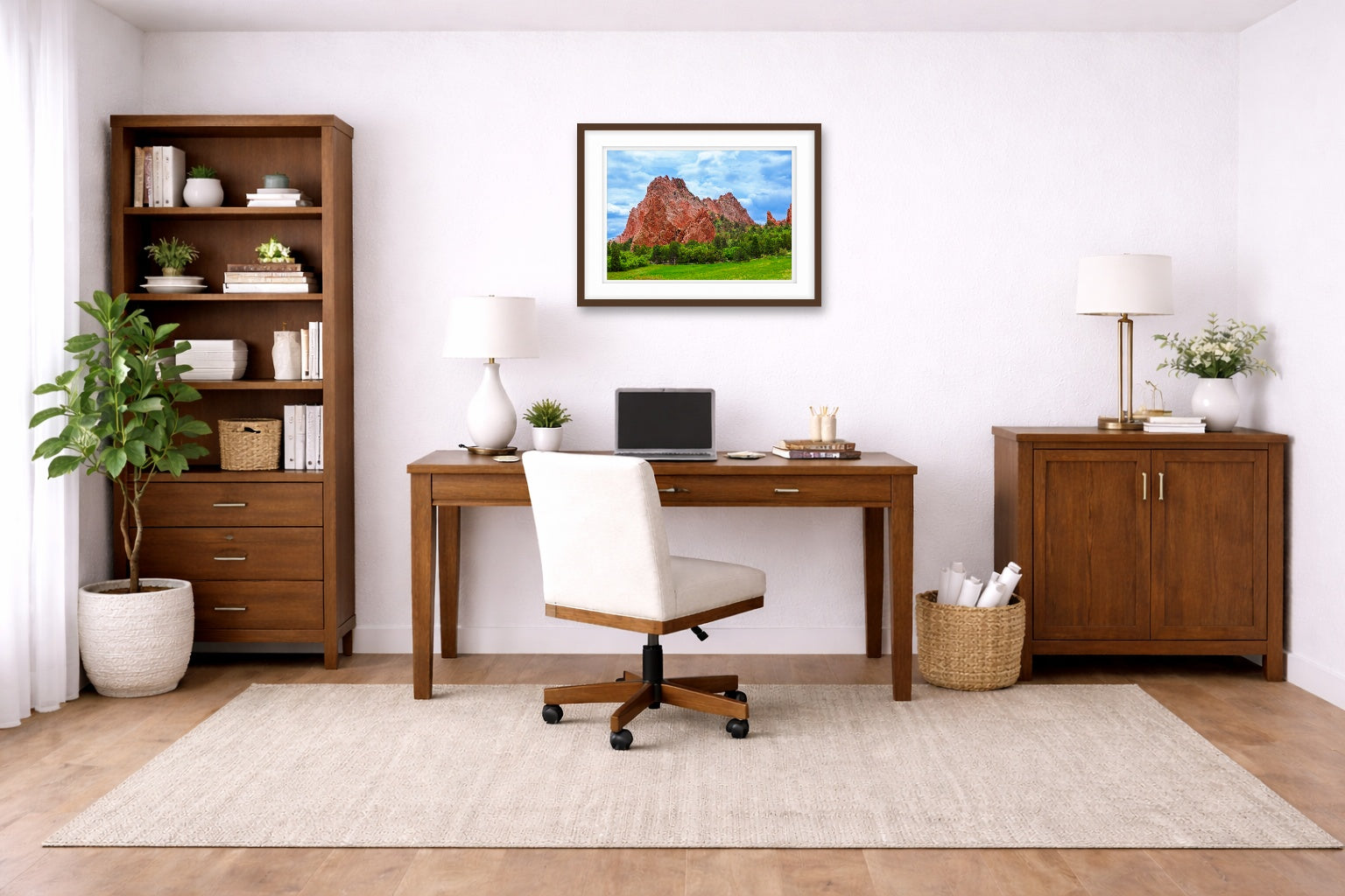 North Gateway Rock: Garden of the Gods printed on fine art paper, framed on a espresso frame and matted. Hung on a living home office wall.