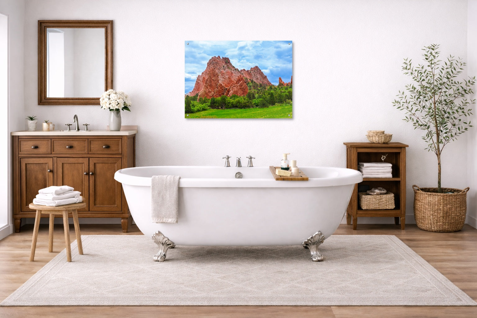 North Gateway Rock: Garden of the Gods printed on aluminum metal with wall anchors. Hung on a bathroom wall.