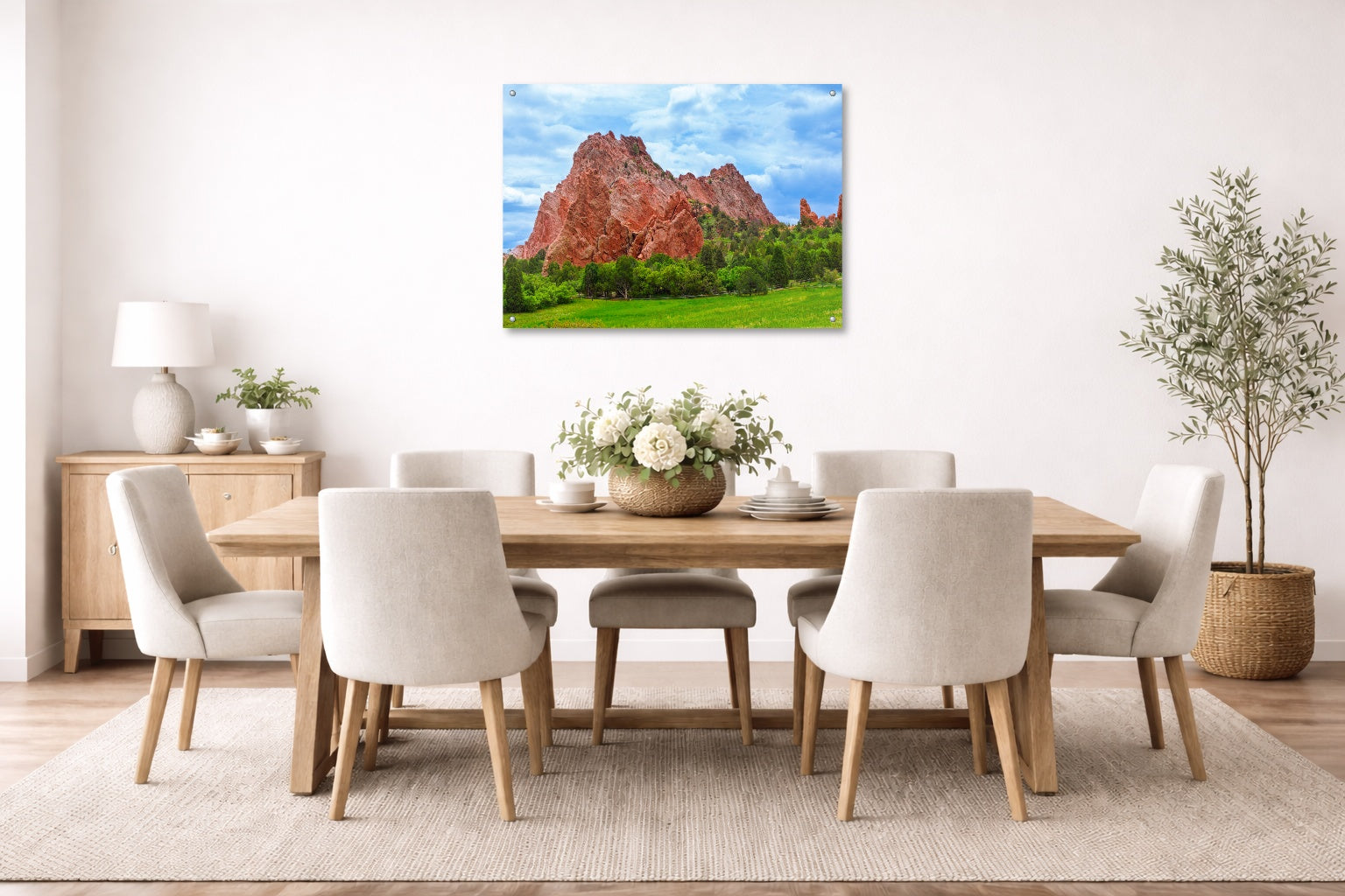 North Gateway Rock: Garden of the Gods printed on aluminum metal with wall anchors. Hung on a dining room wall.