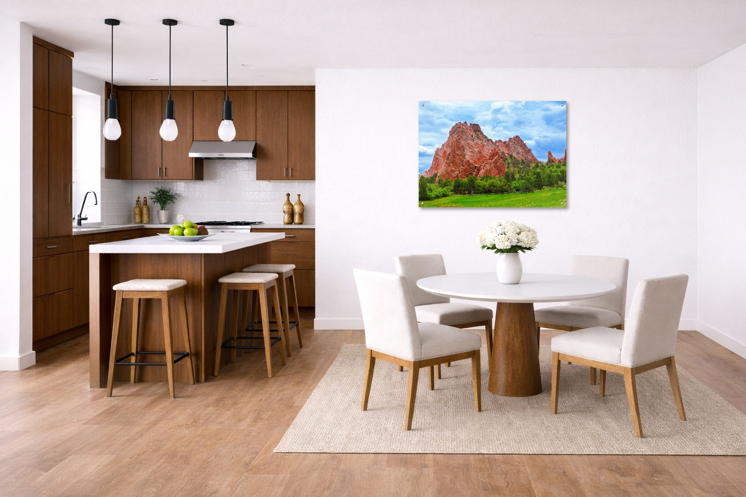 North Gateway Rock: Garden of the Gods printed on aluminum metal with wall anchors. Hung on a kitchen-dinette wall.