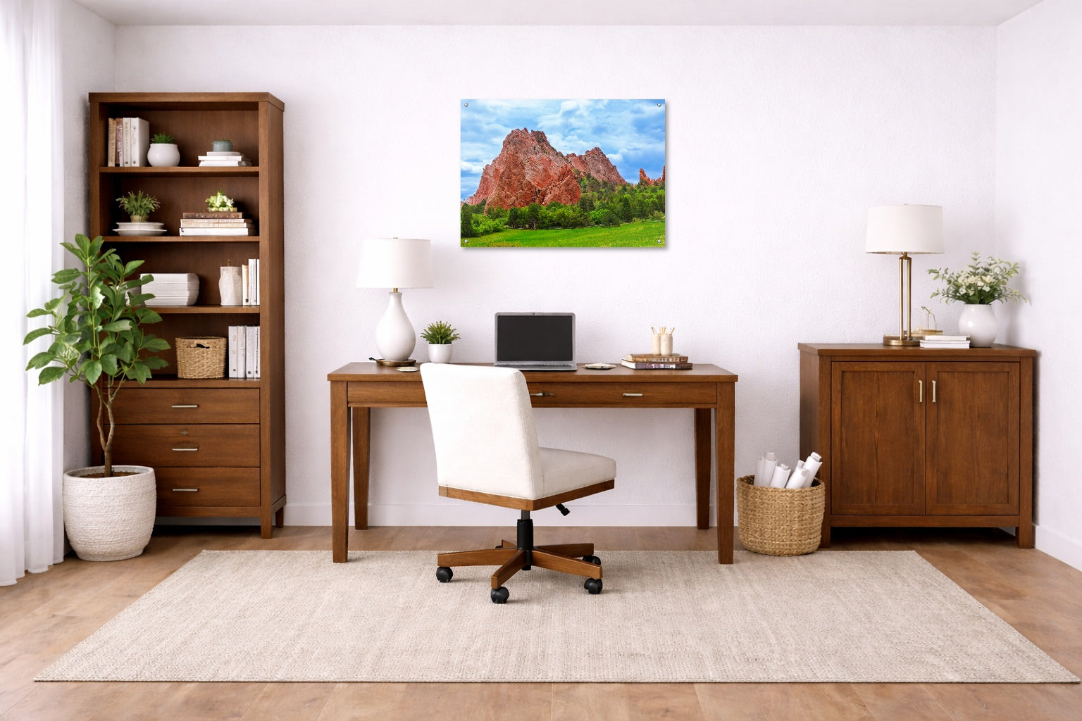 North Gateway Rock: Garden of the Gods printed on aluminum metal with wall anchors. Hung on a office wall.