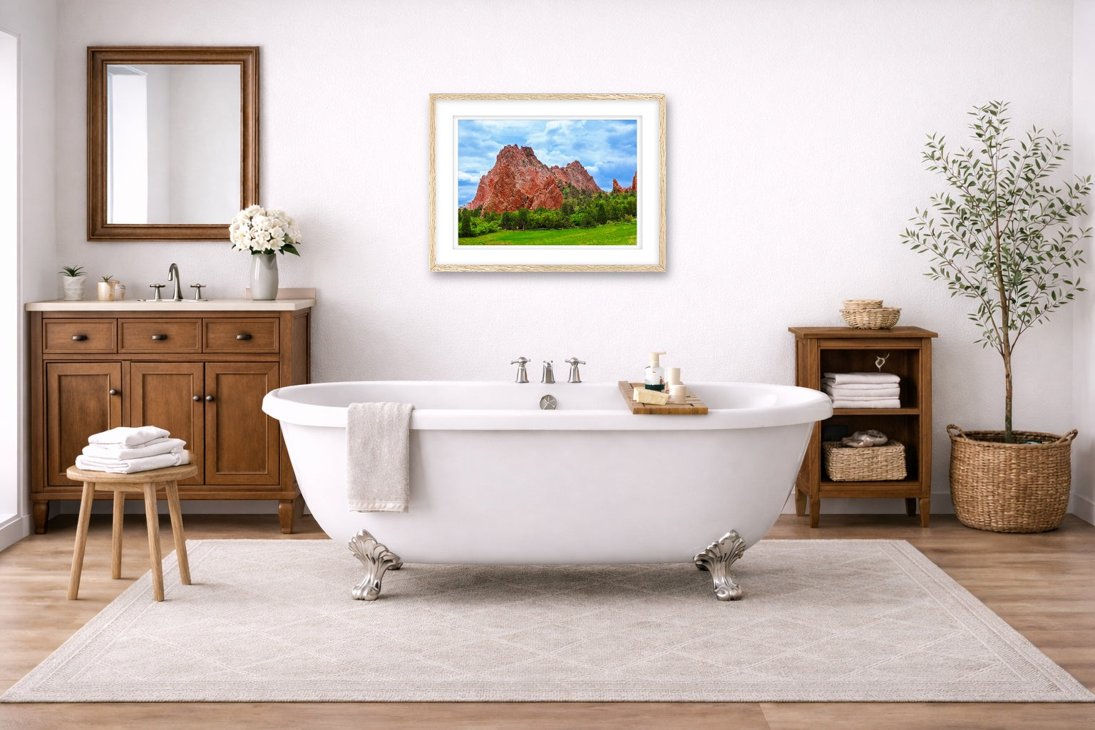 North Gateway Rock: Garden of the Gods printed on fine art paper, framed on a oak frame and matted. Hung on a bathroom wall.
