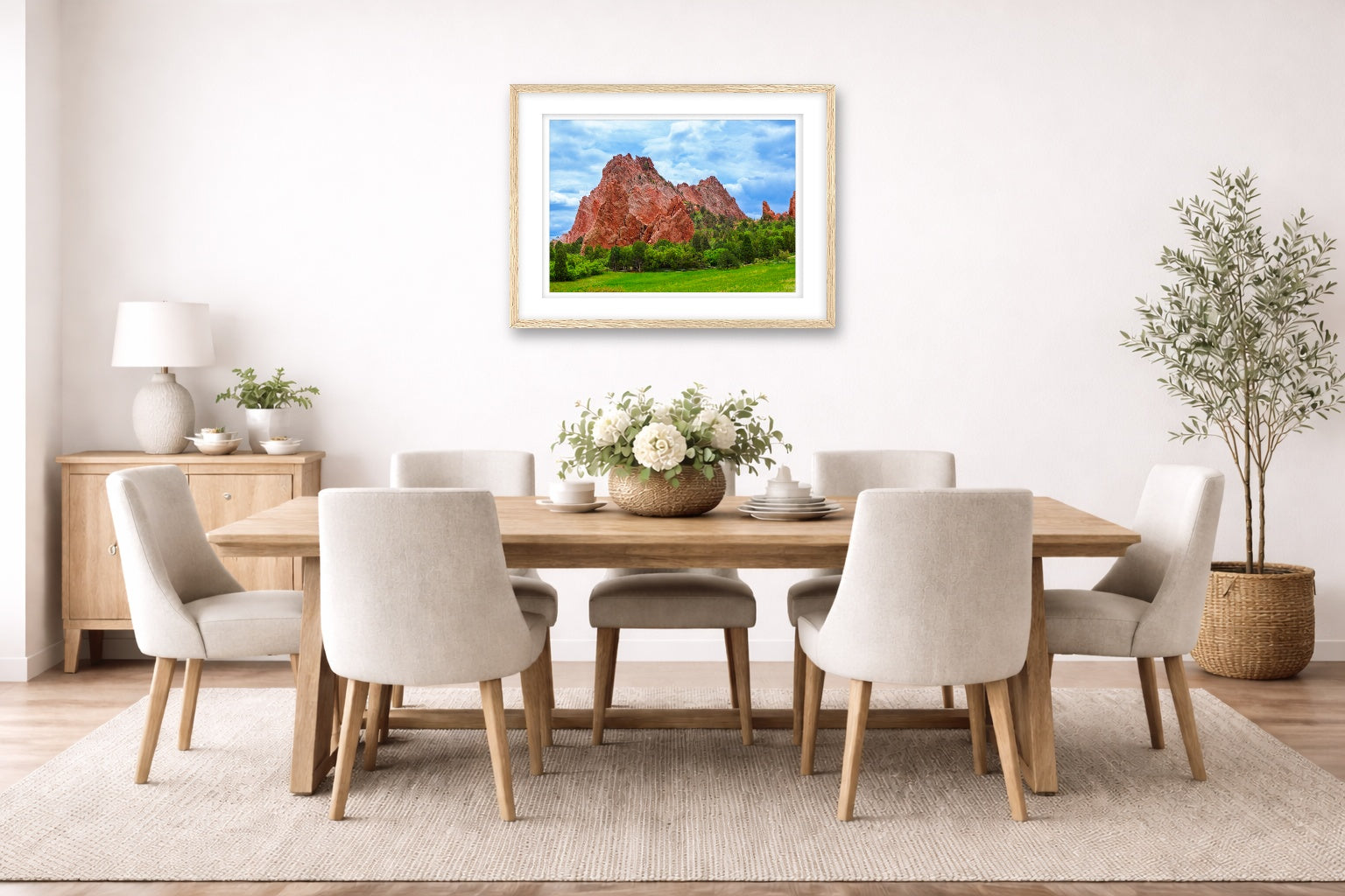 North Gateway Rock: Garden of the Gods printed on fine art paper, framed on a oak frame and matted. Hung on a dining room wall.