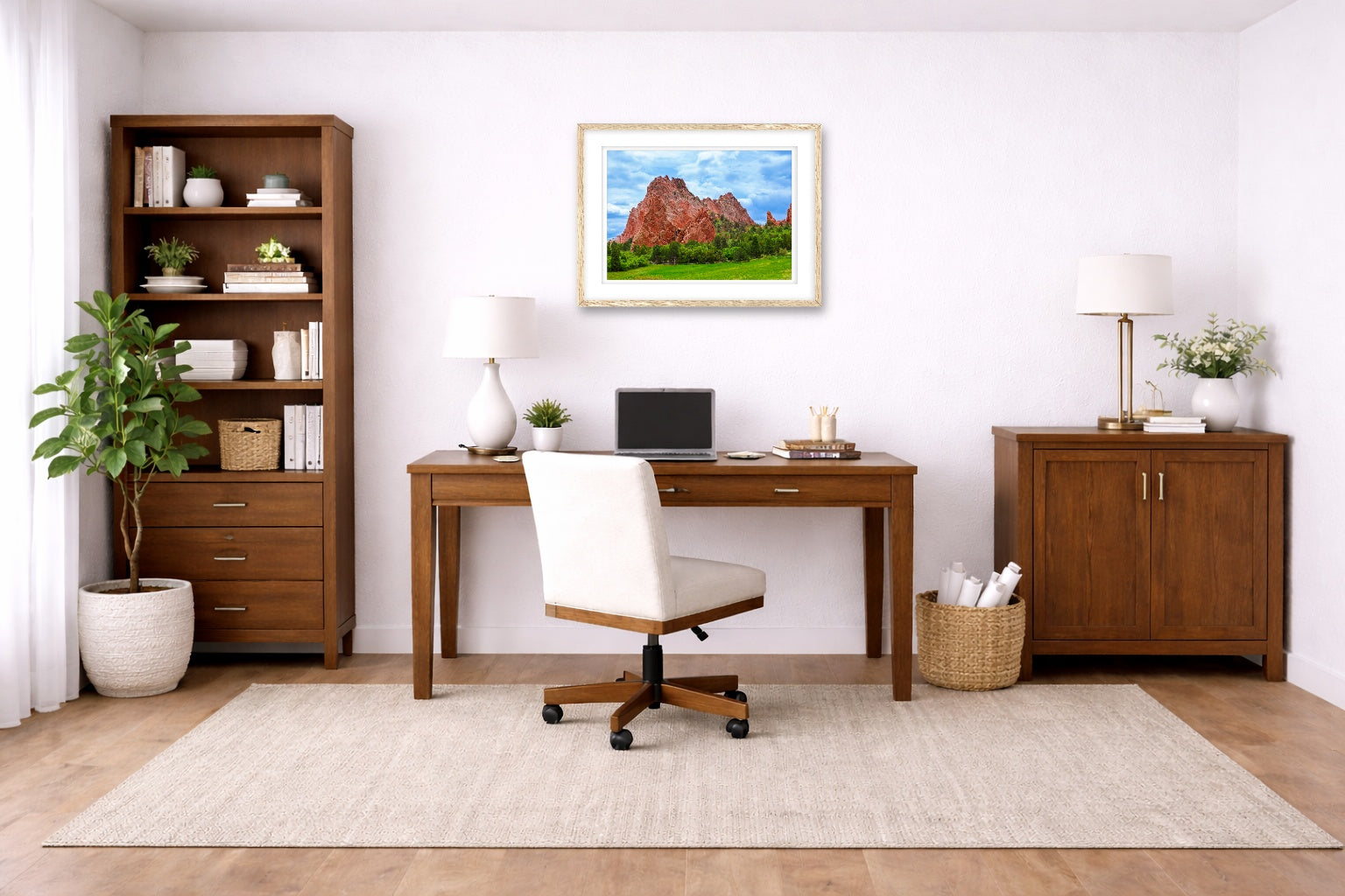 North Gateway Rock: Garden of the Gods printed on fine art paper, framed on a oak frame and matted. Hung on a home office wall.