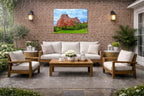 North Gateway Rock: Garden of the Gods printed on water resistant canvas and mounted on a waterproof frame. Hung on a patio wall.