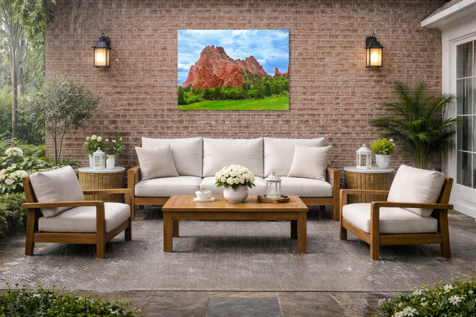 North Gateway Rock: Garden of the Gods printed on water resistant canvas and mounted on a waterproof frame. Hung on a patio wall.
