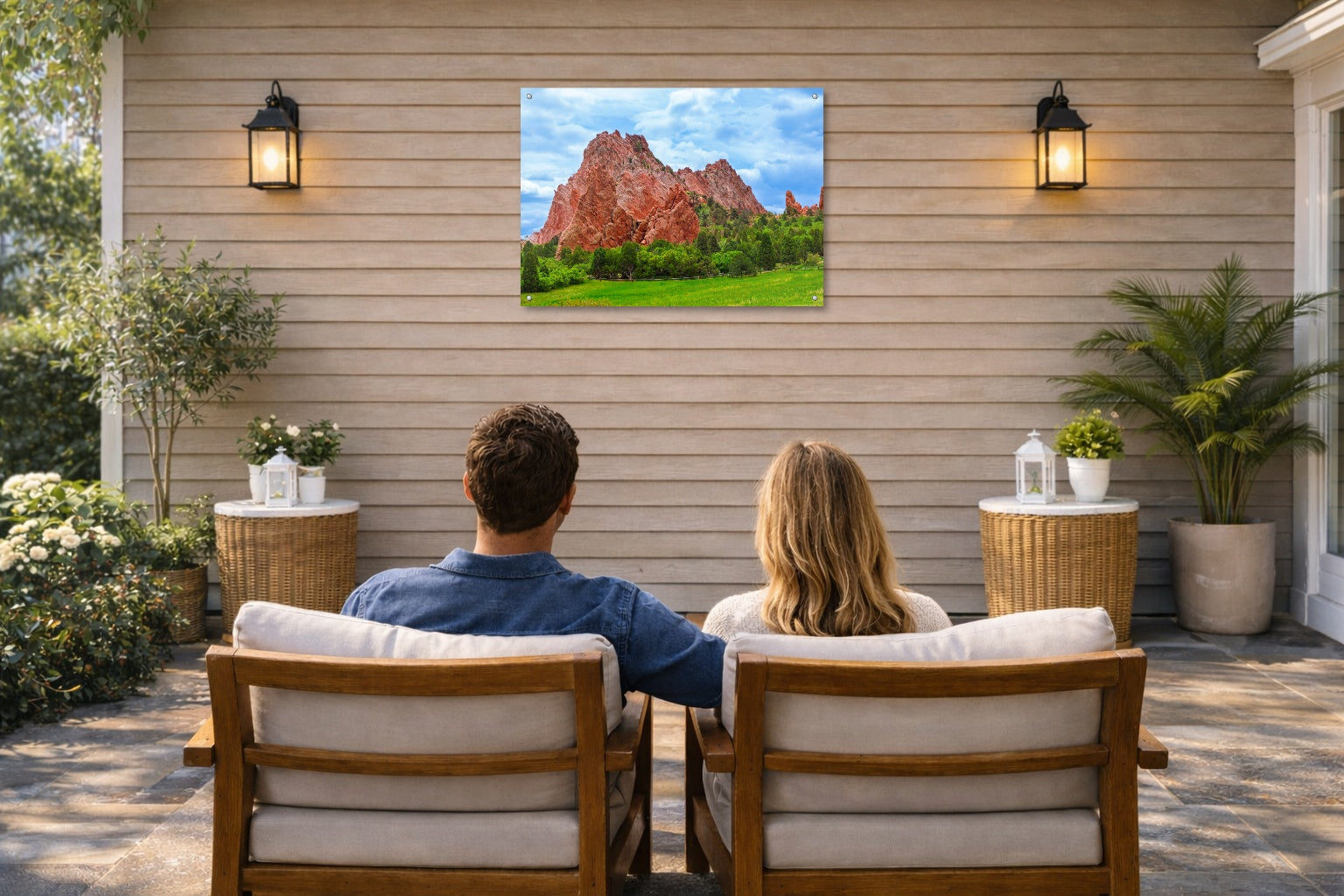 North Gateway Rock: Garden of the Gods printed on water resistant canvas and mounted on a waterproof frame. Hung on a patio wall with couple.