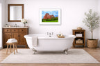 North Gateway Rock: Garden of the Gods printed on fine art paper, framed on a white frame and matted. Hung on a bathroom wall