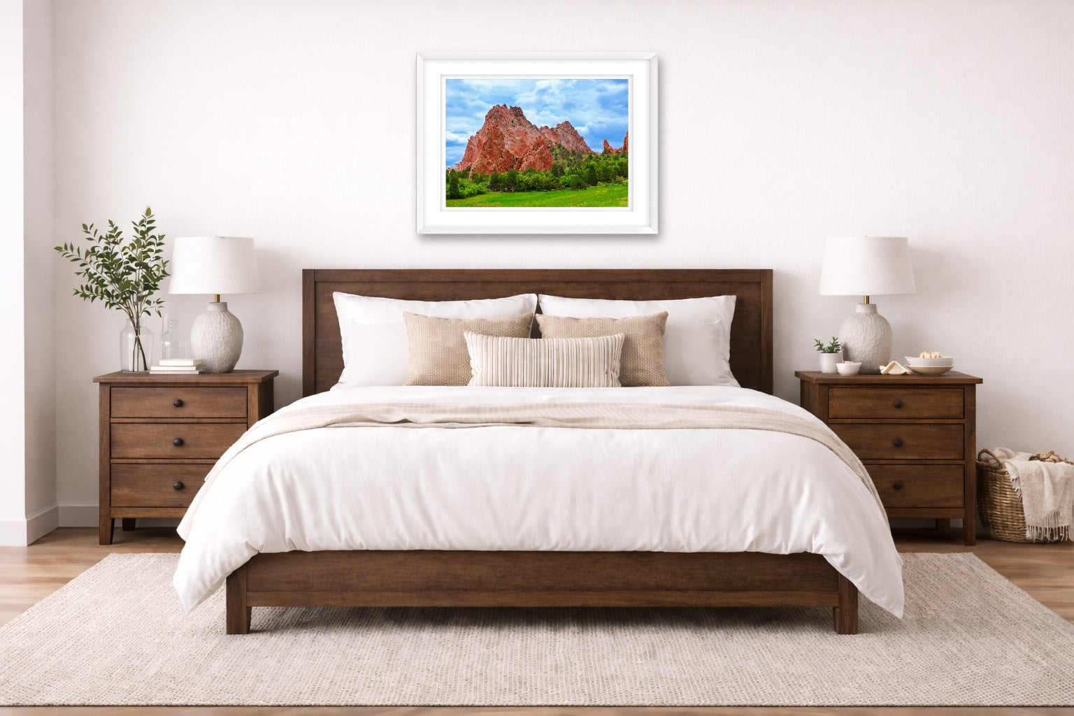 North Gateway Rock: Garden of the Gods printed on fine art paper, framed on a white frame and matted. Hung on a bedroom room wall