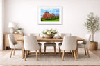 North Gateway Rock: Garden of the Gods printed on fine art paper, framed on a white frame and matted. Hung on a dining room wall.
