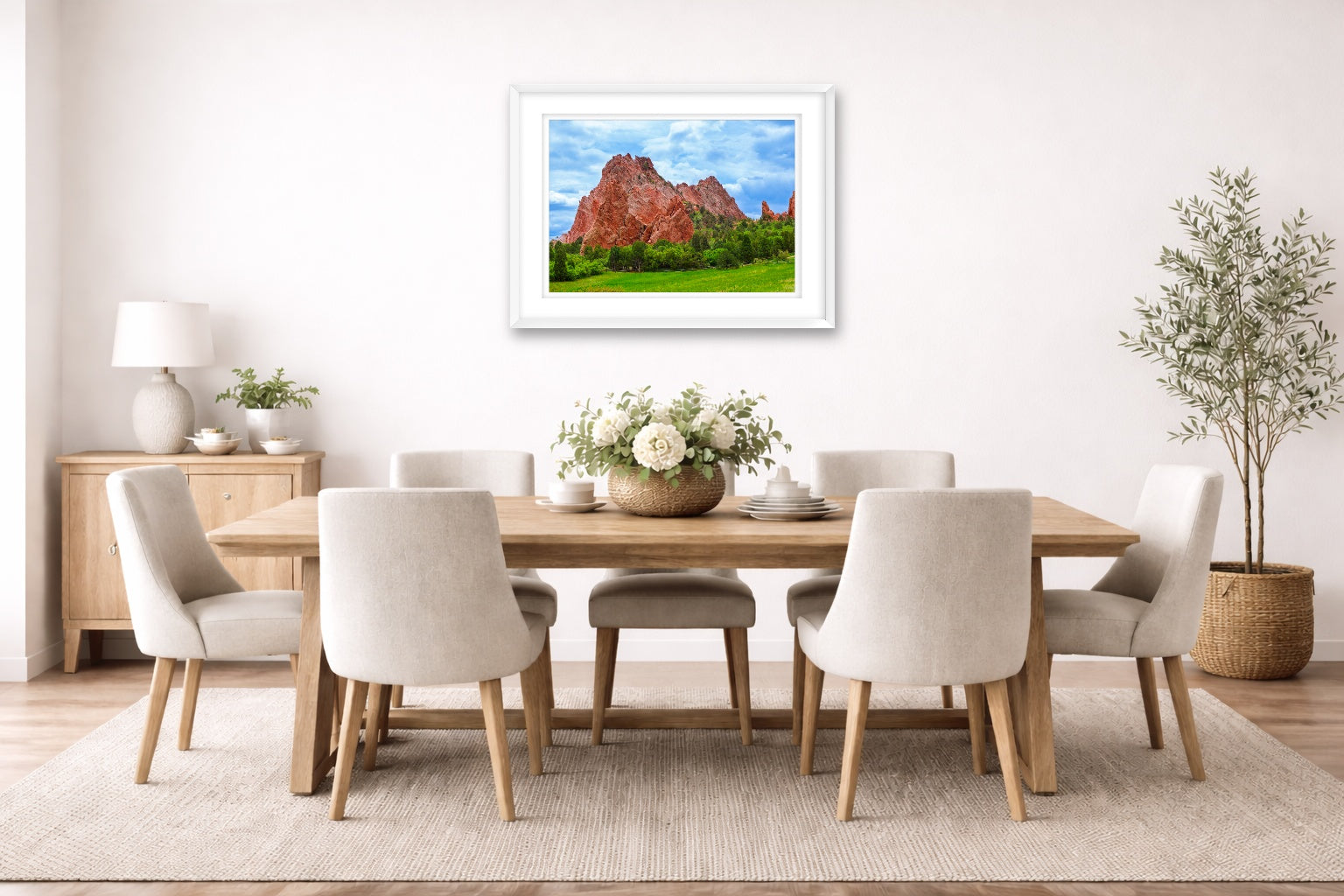 North Gateway Rock: Garden of the Gods printed on fine art paper, framed on a white frame and matted. Hung on a dining room wall.
