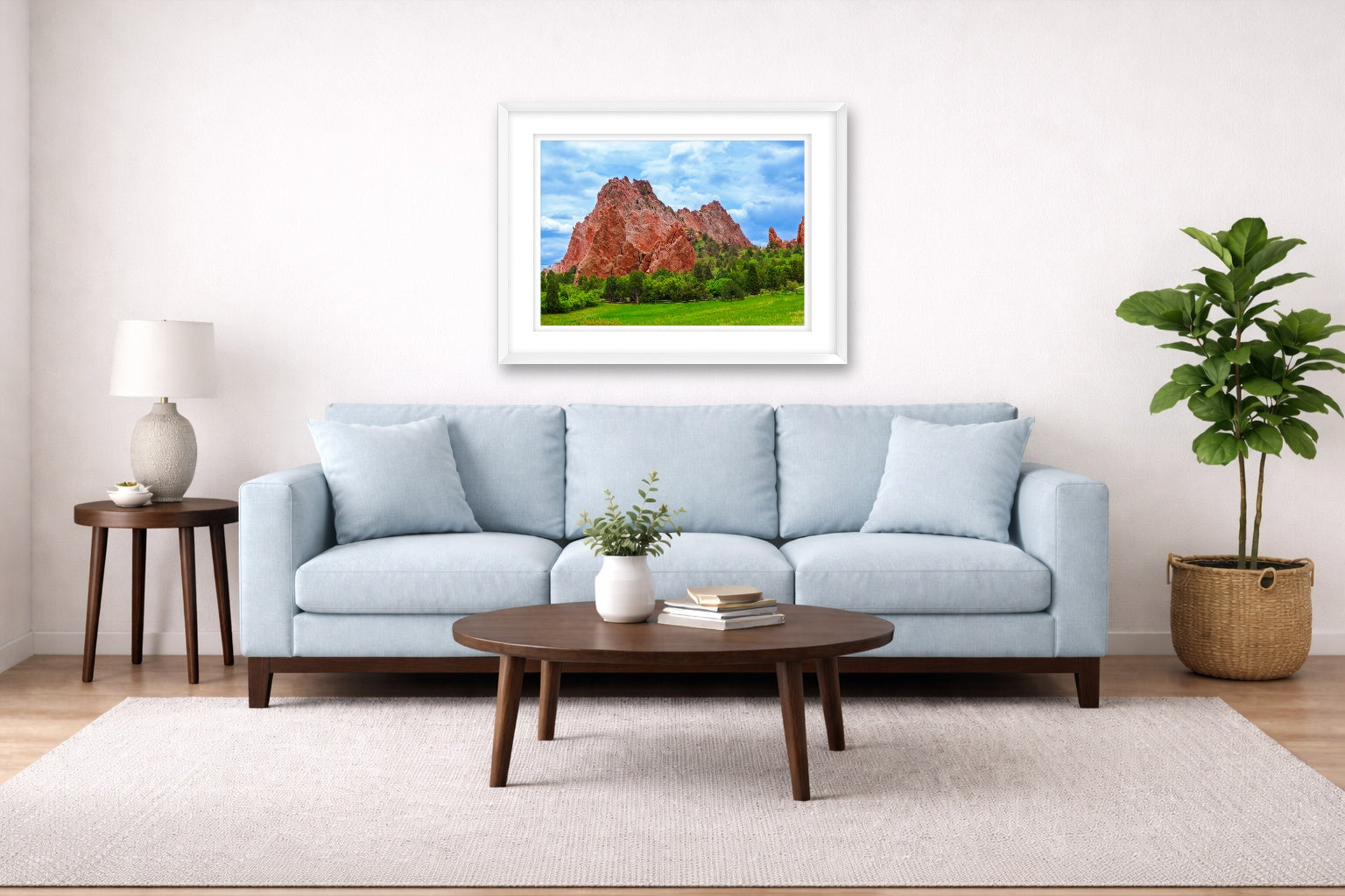 North Gateway Rock: Garden of the Gods printed on fine art paper, framed on a white frame and matted. Hung on a living room wall.