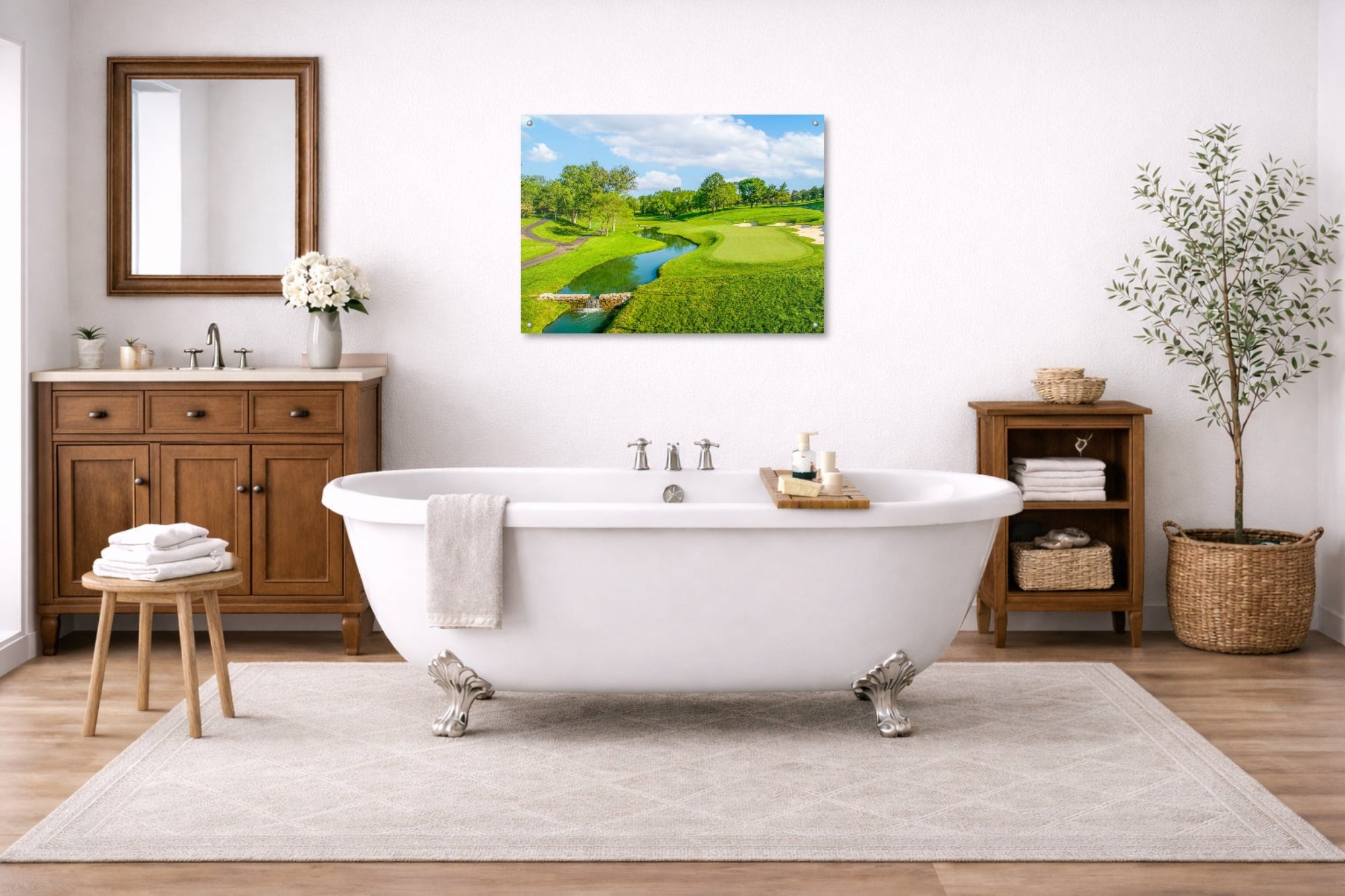 Green fairway at the 15th hole of Muirfield Village Golf Club printed on aluminum metal with wall anchors. Hung on a bathroom wall. 