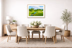 Green fairway at the 15th hole of Muirfield Village Golf Club printed on fine art paper, framed on a oak frame and matted. Hung on a dining room wall. 