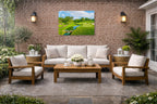 Green fairway at the 15th hole of Muirfield Village Golf Club printed on water resistant canvas and mounted on a waterproof frame.  Hung on a patio wall.