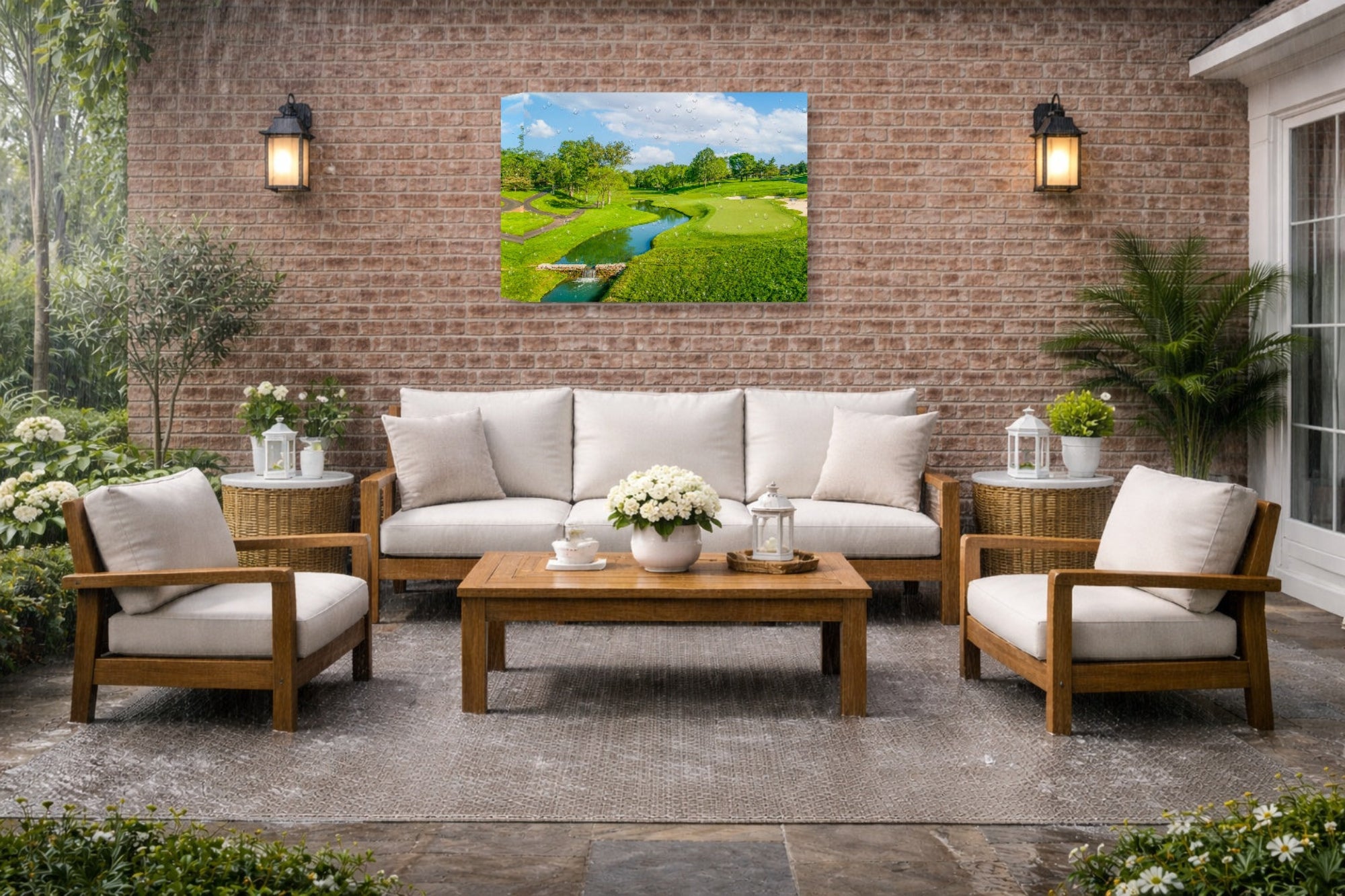 Green fairway at the 15th hole of Muirfield Village Golf Club printed on water resistant canvas and mounted on a waterproof frame.  Hung on a patio wall.