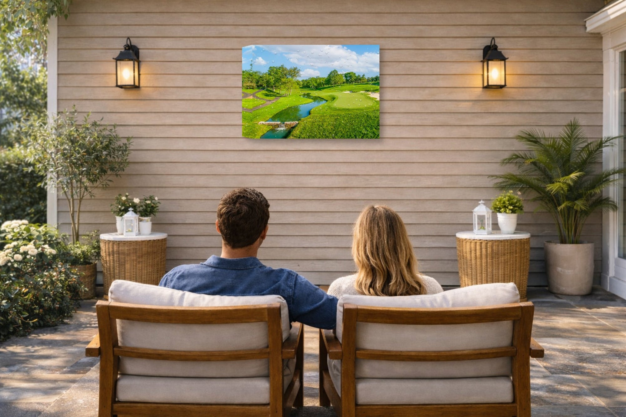 Green fairway at the 15th hole of Muirfield Village Golf Club printed on water resistant canvas and mounted on a waterproof frame. Hung on a patio wall with couple. 