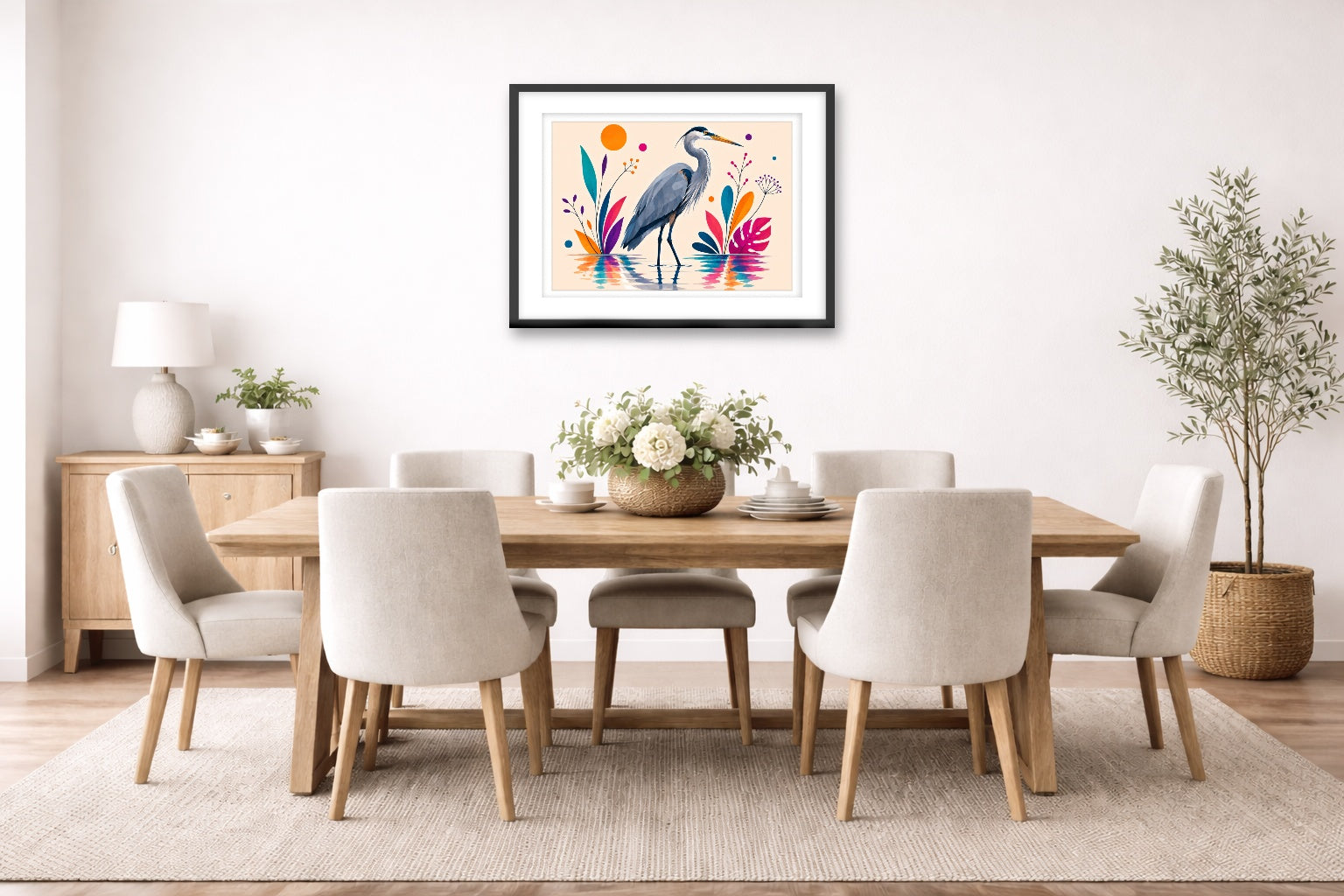 Blue Heron - Geometric Painting printed on fine art paper, framed on a black frame and matted and hung on a dining room wall.