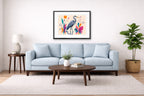 Blue Heron - Geometric Painting printed on fine art paper, framed on a black frame and matted and hung on a Living Room wall above a couch