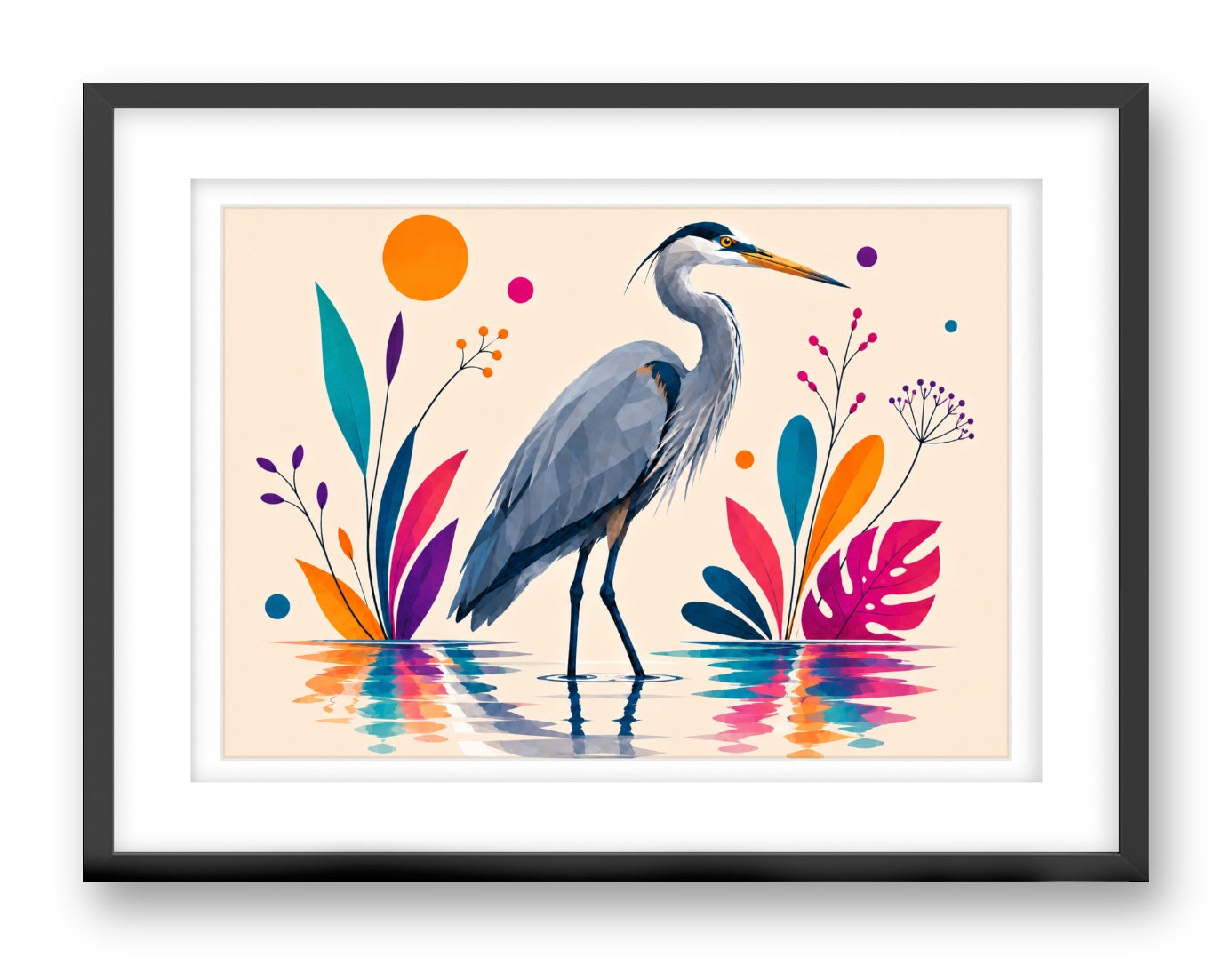 Blue Heron printed on fine art paper, framed on a black frame and matted.
