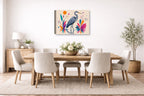 Blue Heron - Geometric Painting printed on canvas wall art displayed on a wall in the dinning room