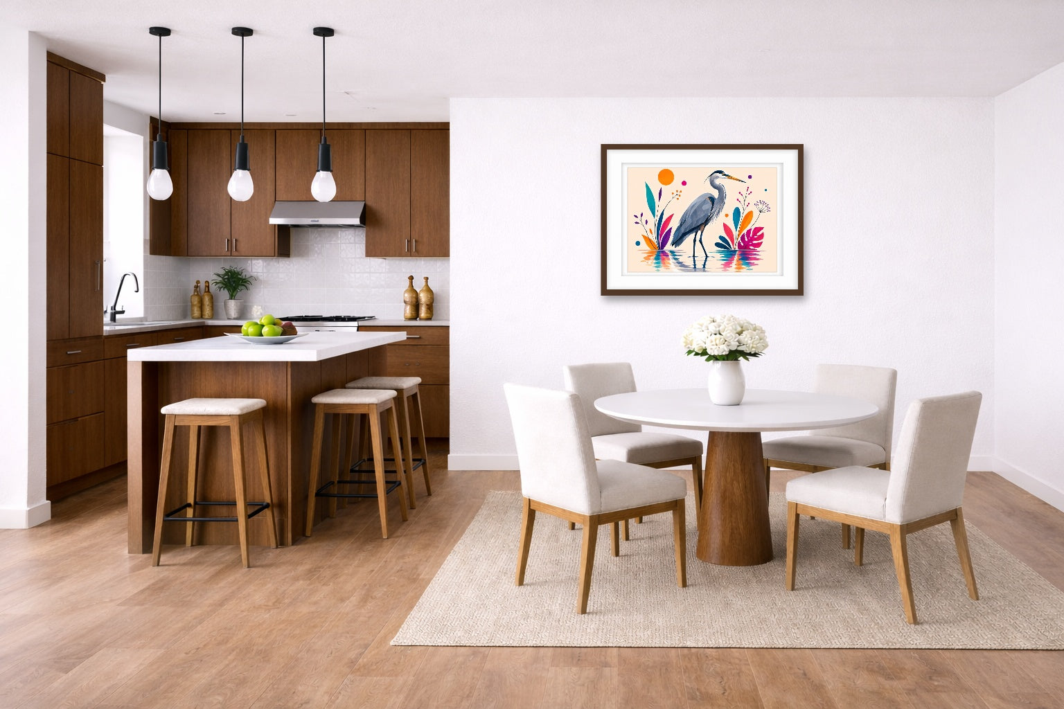 Blue Heron - Geometric Painting printed on fine art paper, framed on a espresso frame and matted. Hung on a living kitchen-dinette wall.
