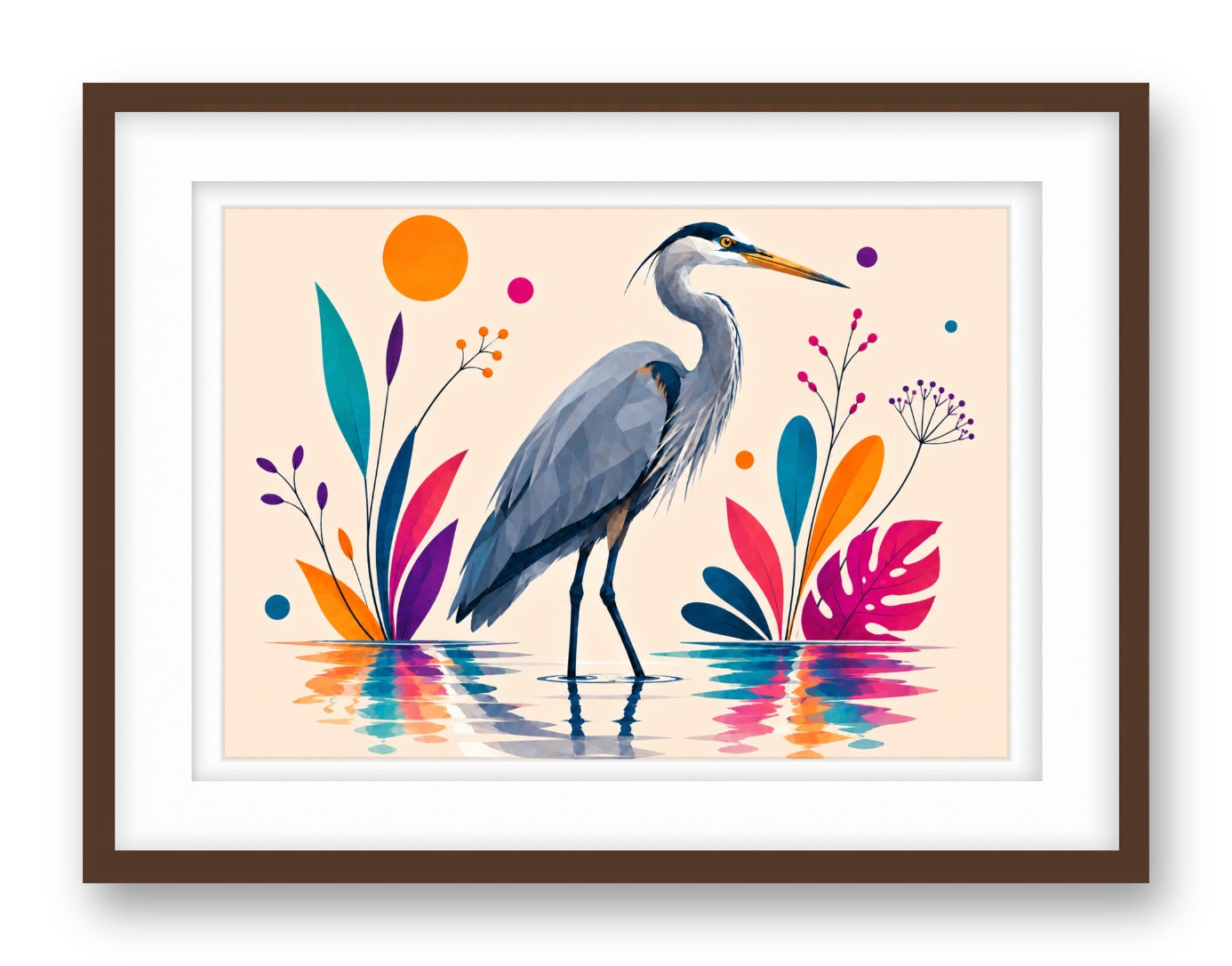 Blue Heron printed on fine art paper, framed on a espresso frame and matted.