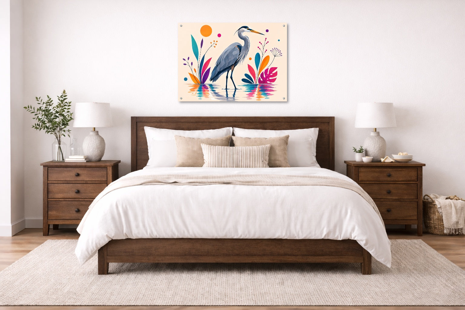 Blue Heron - Geometric Painting printed on aluminum metal with wall anchors. Hung on a bedroom wall.