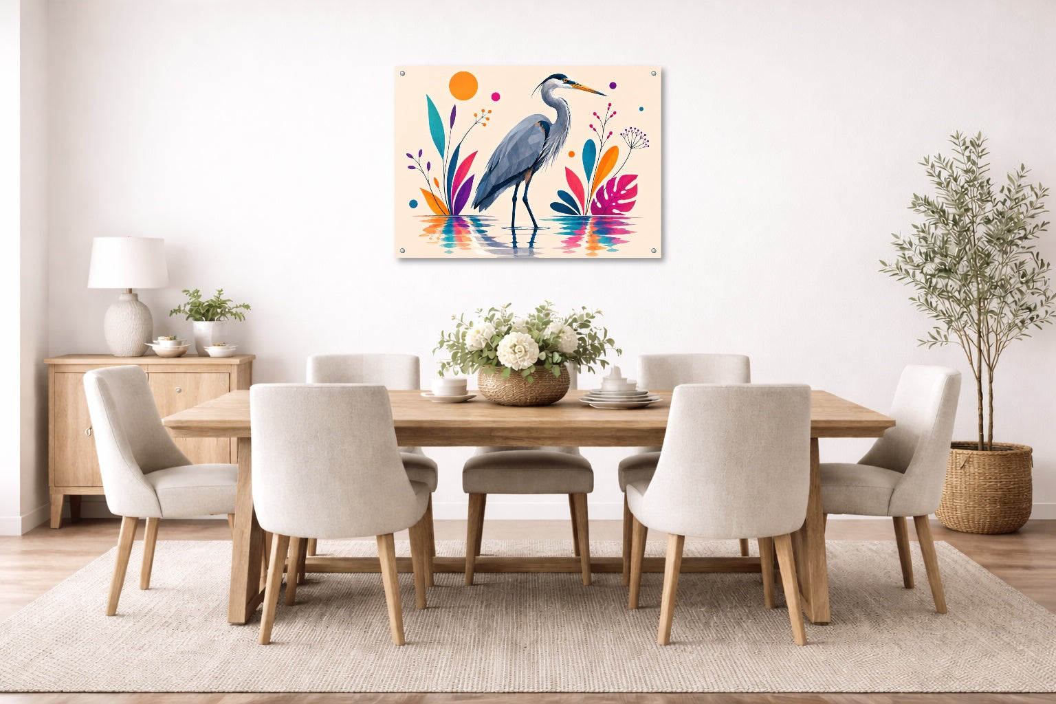 Blue Heron - Geometric Painting printed on aluminum metal with wall anchors. Hung on a dining room wall.