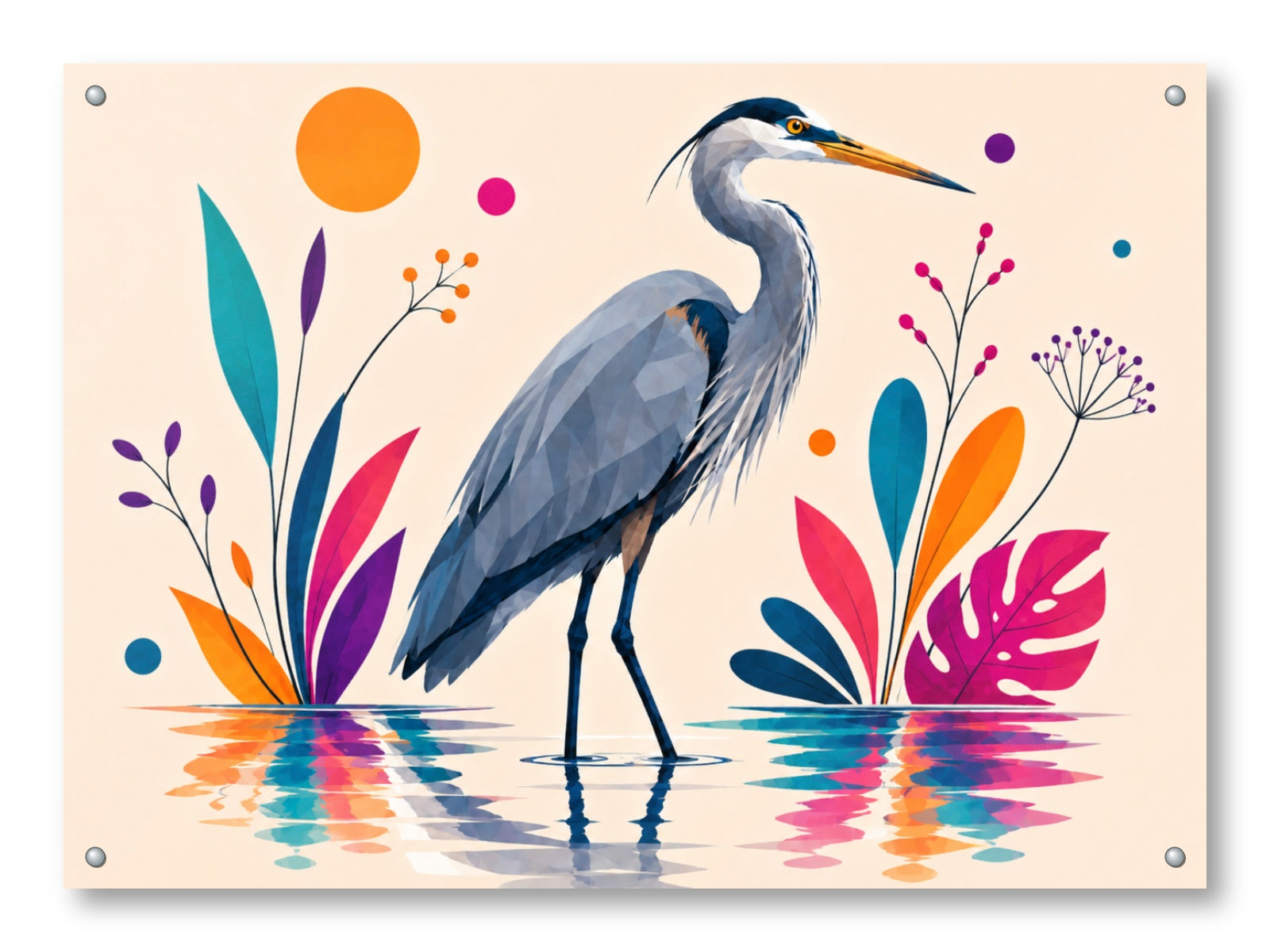 Blue Heron printed on aluminum metal with wall anchors.