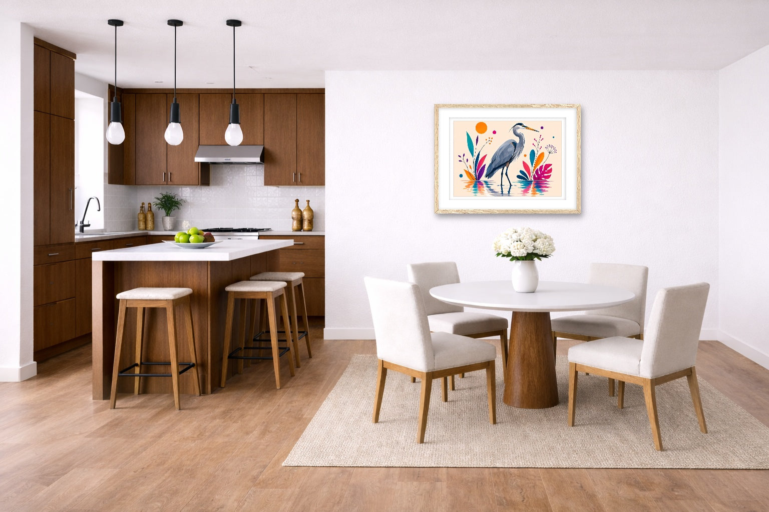 Blue Heron - Geometric Painting printed on fine art paper, framed on a oak frame and matted. Hung on a kitchen-dinette wall.