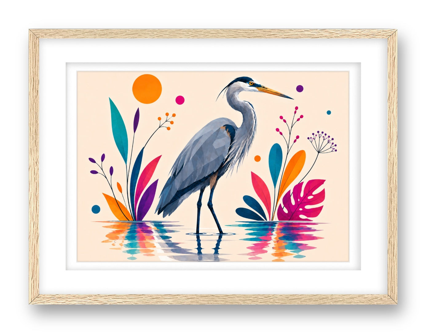 Blue Heron printed on fine art paper, framed on a oak frame and matted.