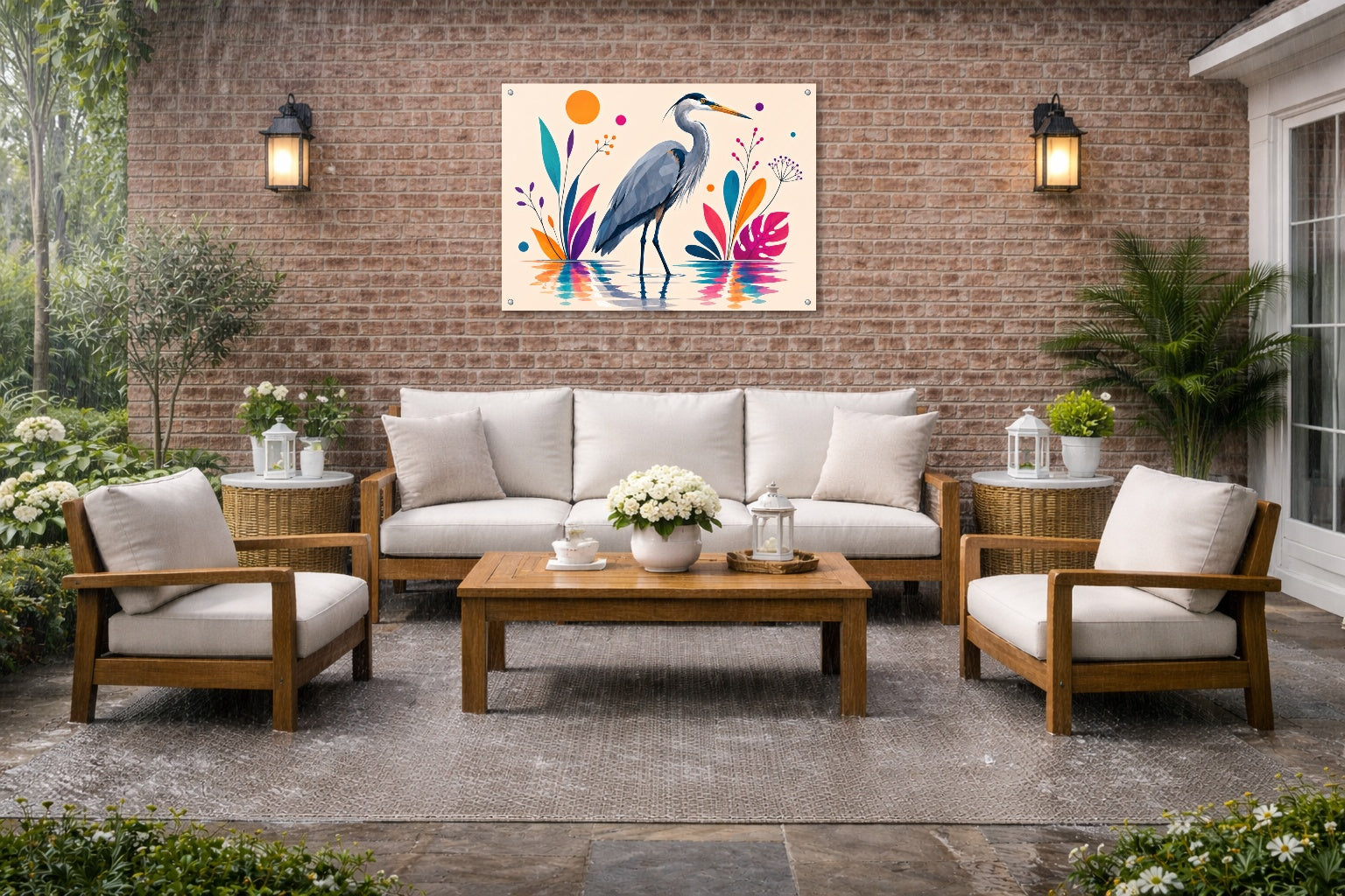 Blue Heron - Geometric Painting printed on water resistant canvas and mounted on a waterproof frame. Hung on a patio wall.