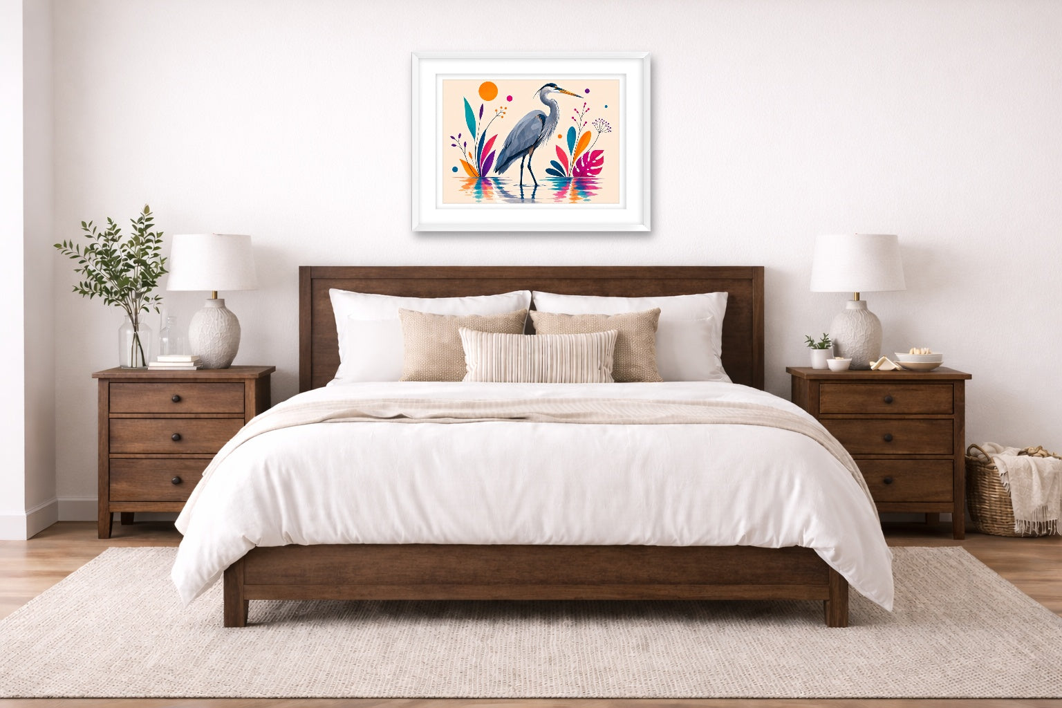 Blue Heron - Geometric Painting printed on fine art paper, framed on a white frame and matted. Hung on a bedroom room wall