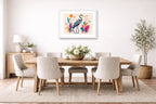 Blue Heron - Geometric Painting printed on fine art paper, framed on a white frame and matted. Hung on a dining room wall.