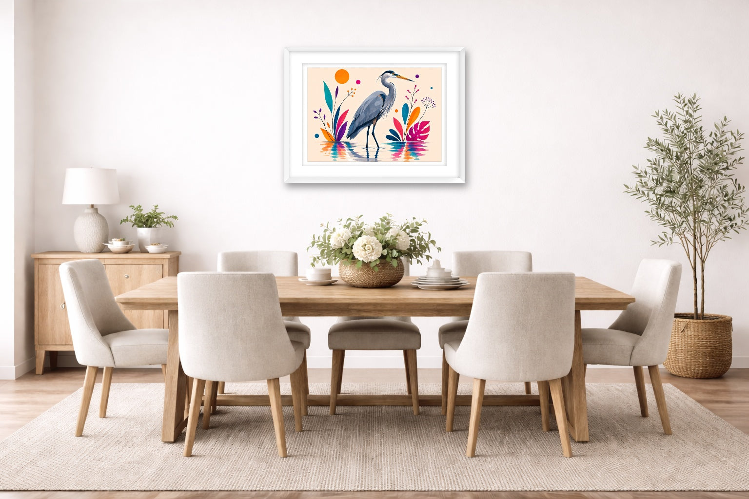 Blue Heron - Geometric Painting printed on fine art paper, framed on a white frame and matted. Hung on a dining room wall.