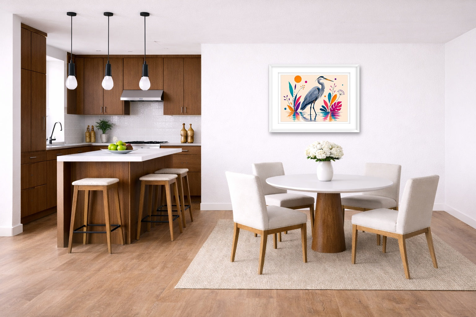 Blue Heron - Geometric Painting printed on fine art paper, framed on a white frame and matted. Hung on a kitchen-dinette wall.