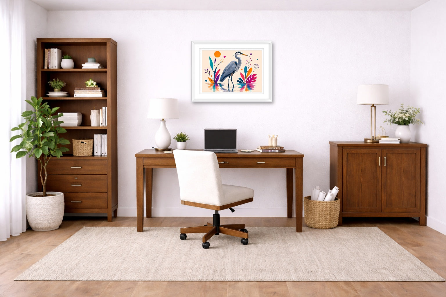 Blue Heron - Geometric Painting printed on fine art paper, framed on a white frame and matted. Hung on a home office wall.