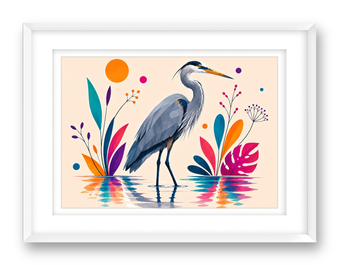 Blue Heron printed on fine art paper, framed on a white frame and matted.
