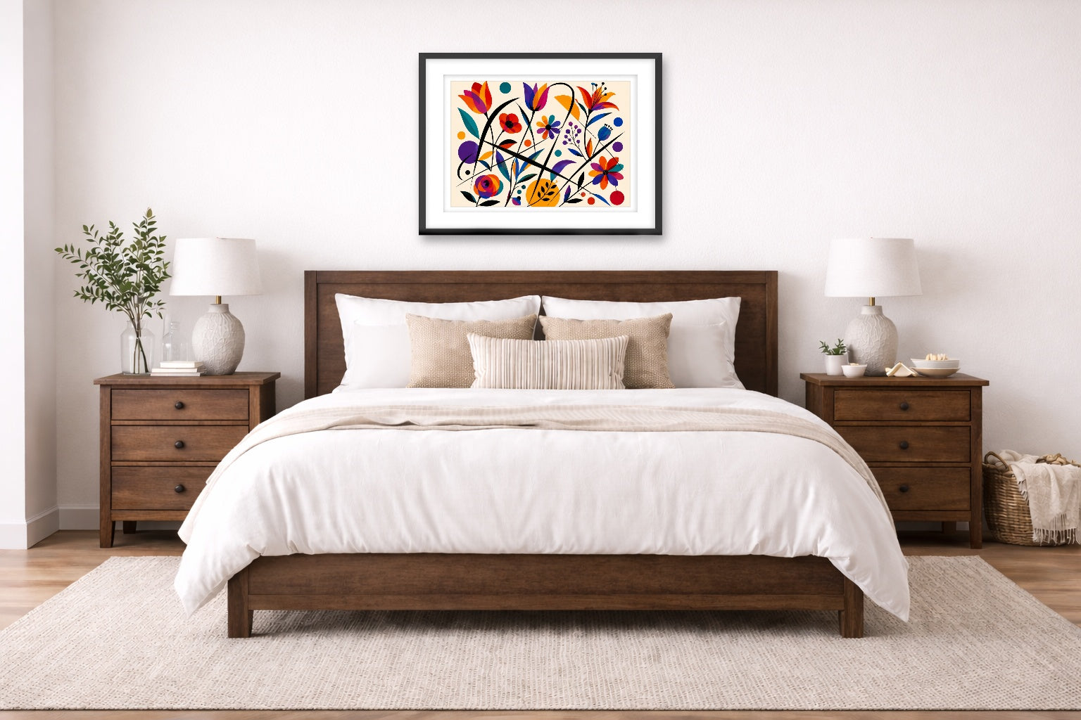 Colorful Geometric Abstract Botanical printed on fine art paper, framed on a black frame and matted and hung on a wall on an bedroom wall.