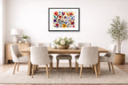 Colorful Geometric Abstract Botanical printed on fine art paper, framed on a black frame and matted and hung on a dining room wall.