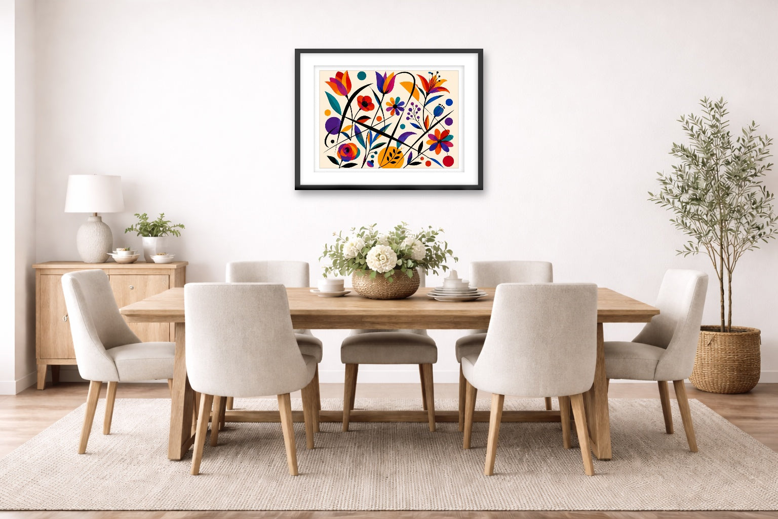 Colorful Geometric Abstract Botanical printed on fine art paper, framed on a black frame and matted and hung on a dining room wall.