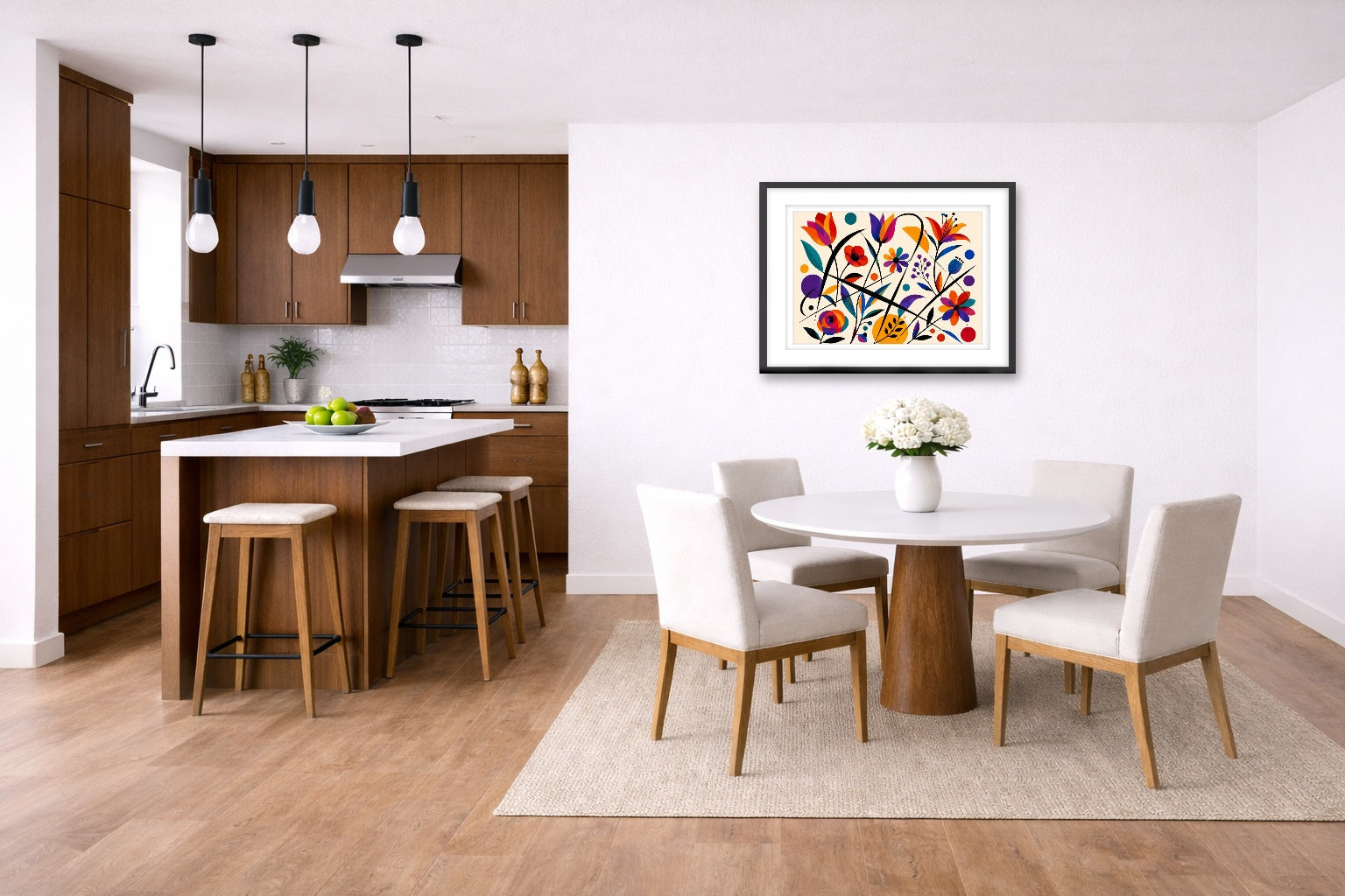 Colorful Geometric Abstract Botanical printed on fine art paper, framed on a black frame and matted and hung on a wall on a dinette wall.