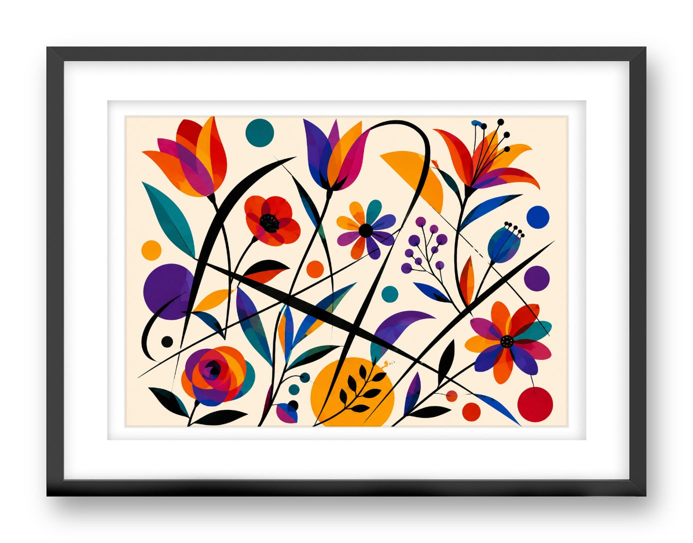 Colorful Geometric Abstract Botanical printed on fine art paper, framed on a black frame and matted.