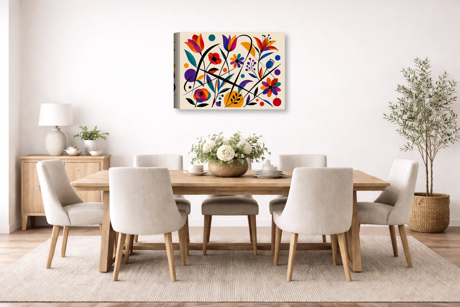 Colorful Geometric Abstract Botanical printed on canvas wall art displayed on a wall in the dinning room