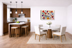 Colorful Geometric Abstract Botanical printed on canvas wall art displayed on a wall in a dinette.
