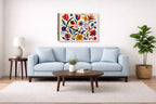 Colorful Geometric Abstract Botanical printed on canvas wall art displayed above a couch in a living room