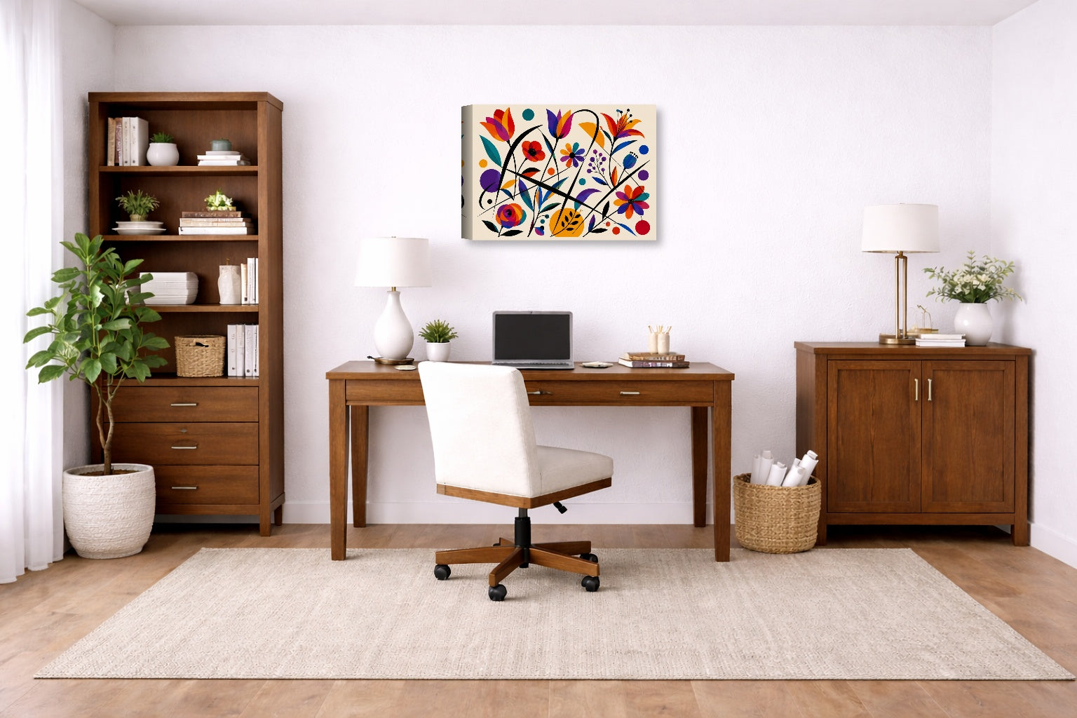 Colorful Geometric Abstract Botanical printed on canvas wall art displayed on a wall in a a home office.