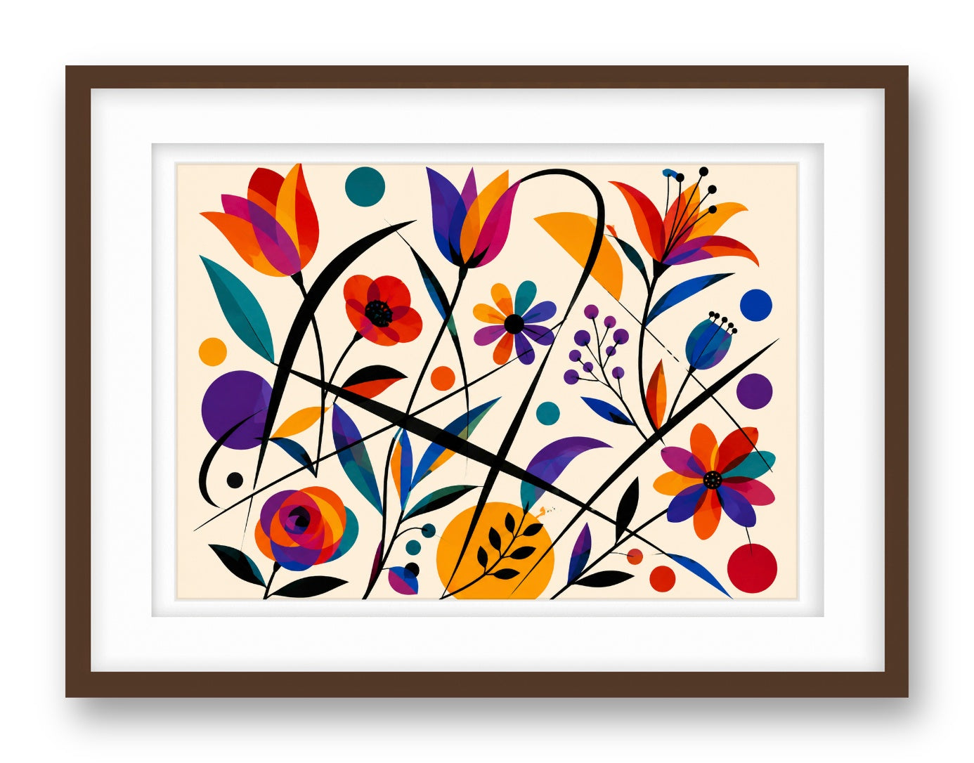 Colorful Geometric Abstract Botanical printed on fine art paper, framed on a espresso frame and matted.